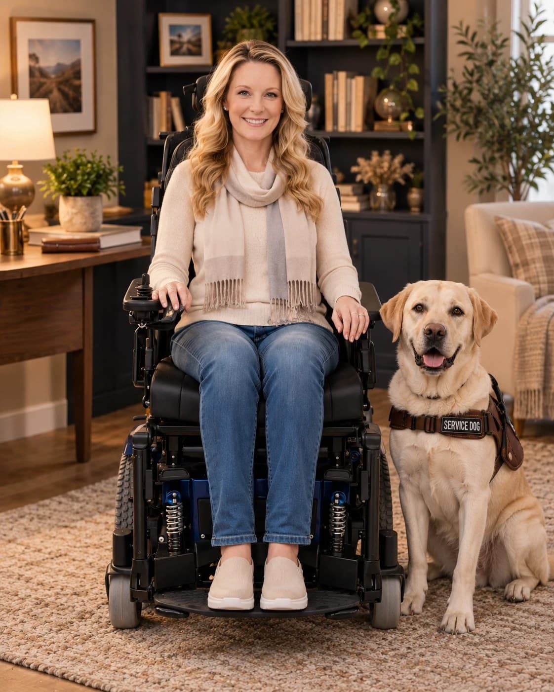 AmiLynne “Babs” Carroll smiling in her home office, with her service dog, Beau, beside her